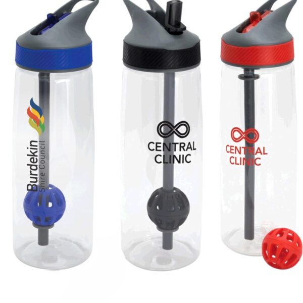 Three clear plastic water bottles with gray lids and built-in straws. The first bottle has a blue lid and Burdekin Shire Council logo. The other two have red lids with Central Clinic logo and feature a spherical infuser. Extra red infuser on side.