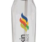 A transparent water bottle with a black flip-top lid, featuring the Burdekin Shire Council logo and colorful abstract design on the side.