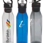 Three reusable water bottles with flip-top lids, featuring different designs. The first bottle is clear with Burdekin Shire Council and a colorful logo. The second is blue with Visionary text, and the third is gray, also with Visionary text.