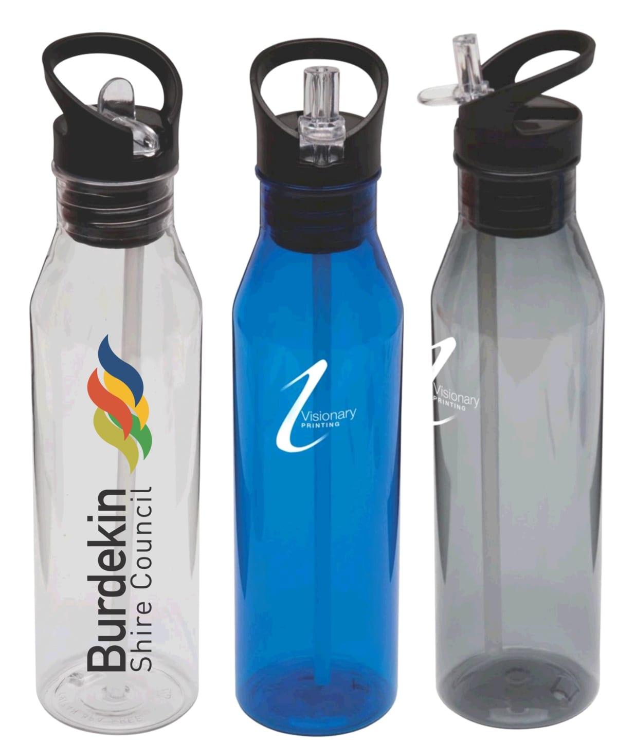 Three reusable water bottles with flip-top lids, featuring different designs. The first bottle is clear with Burdekin Shire Council and a colorful logo. The second is blue with Visionary text, and the third is gray, also with Visionary text.