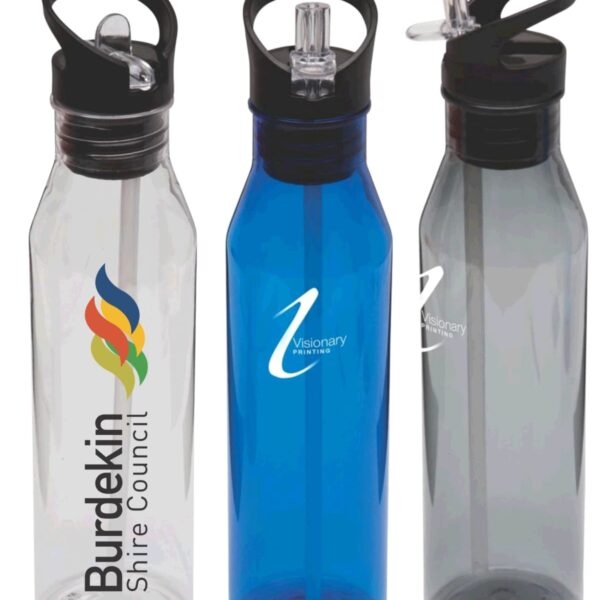 Three reusable water bottles with twist caps and straws. The first is clear, featuring the Burdekin Shire Council logo; the second is blue with the Visionary Printing logo; the third is gray, also with the Visionary Printing logo. All have black lids.