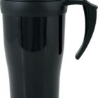 A sleek black travel mug with a handle, featuring a glossy finish and a secure lid. The handle is curved for easy grip, and the mug has a slightly tapered shape.