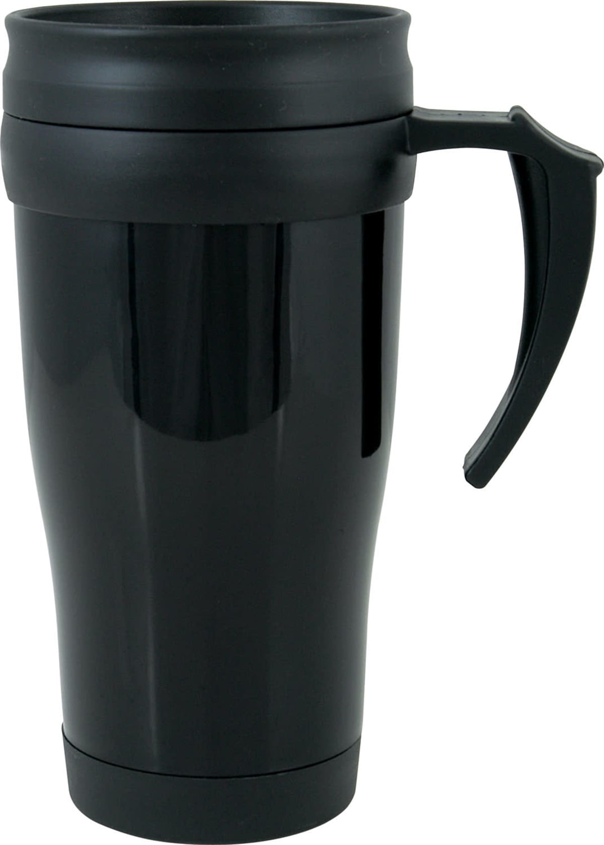 A sleek black travel mug with a handle, featuring a glossy finish and a secure lid. The handle is curved for easy grip, and the mug has a slightly tapered shape.