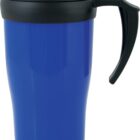 A blue travel mug with a black lid and handle, designed for hot or cold beverages, standing upright on a plain white background.