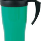 A green travel mug with a black lid and handle. The mug has a glossy finish and is designed for portable use, usually for hot beverages like coffee or tea.