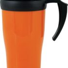 An orange travel mug with a black lid and handle, designed for convenience while on the go. The mug has a sleek shape and a glossy finish.
