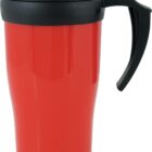 A red travel mug with a black lid and handle is shown. The mug has a sleek, glossy finish and a slightly tapered design, with the handle extending from the black trim near the top.