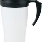 A white travel mug with a black lid and handle is shown against a plain background. The mug is tall and has a sleek design.