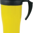 A yellow travel mug with a black lid and handle, designed for hot beverages. The mug has a slightly tapered shape and a smooth surface.