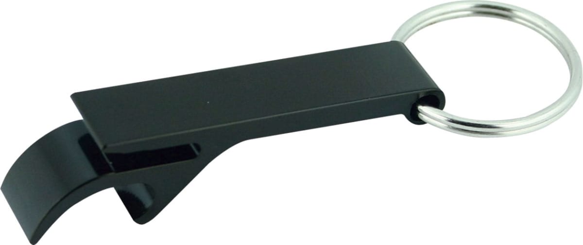 A black metal bottle opener with a keyring attachment. The opener has a sleek, flat design with a curved end for prying bottle caps. The keyring is silver, attached to one end of the opener.