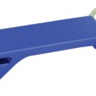 A blue plastic keychain with a metal key ring attached. The keychain doubles as a bottle opener, with a curved edge designed for prying caps off bottles.