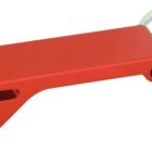 A red metal bottle opener keychain with a flat rectangular body and a silver circular keyring attached at one end.