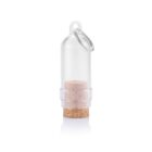 A transparent, capsule-shaped keychain with a metal ring at the top. Inside, it contains a small cork stopper. The design allows for visibility of the cork through the clear exterior.