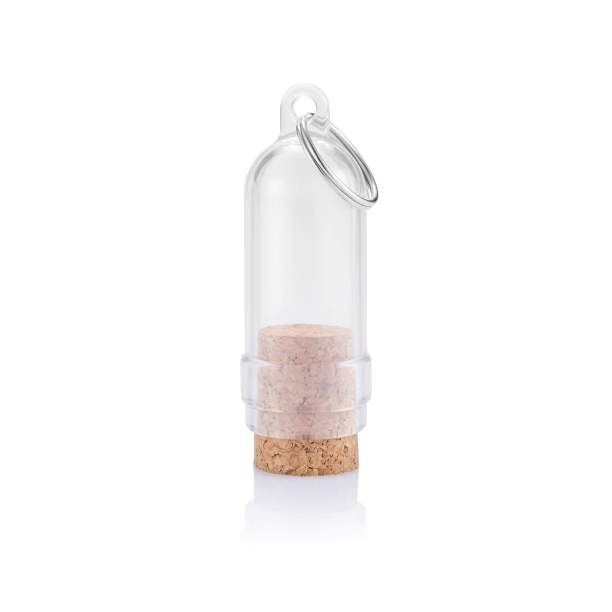 A transparent, capsule-shaped keychain with a metal ring at the top. Inside, it contains a small cork stopper. The design allows for visibility of the cork through the clear exterior.