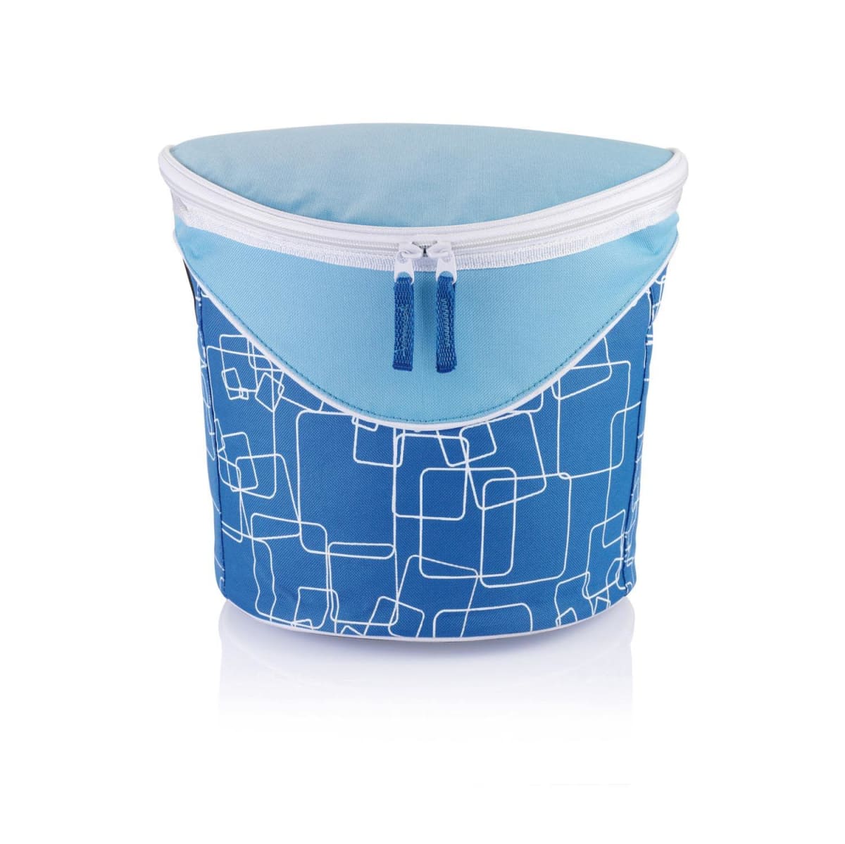 A blue insulated lunch bag with a white geometric pattern and a light blue top. It features a white zipper with two blue pull tabs and has a rounded shape, sitting on a reflective white surface.