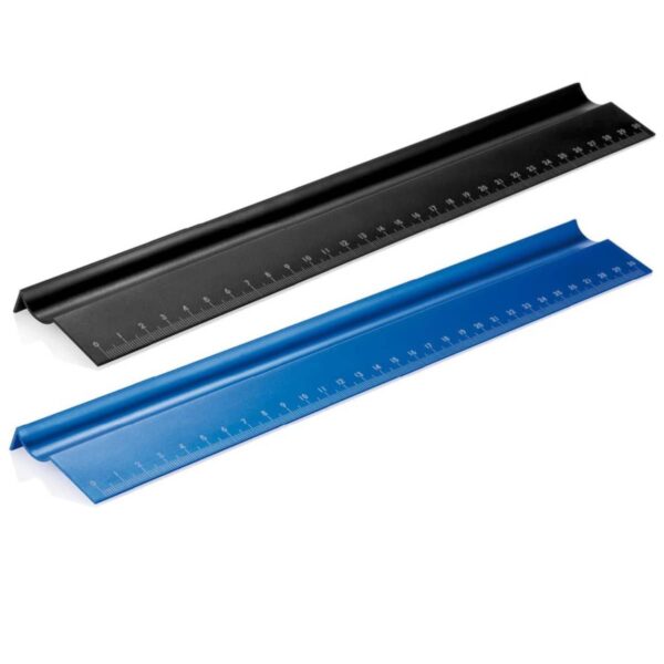 Two 30 cm metal rulers are displayed on a white background. One ruler is black and the other is blue, both featuring white measurement markings along their length.