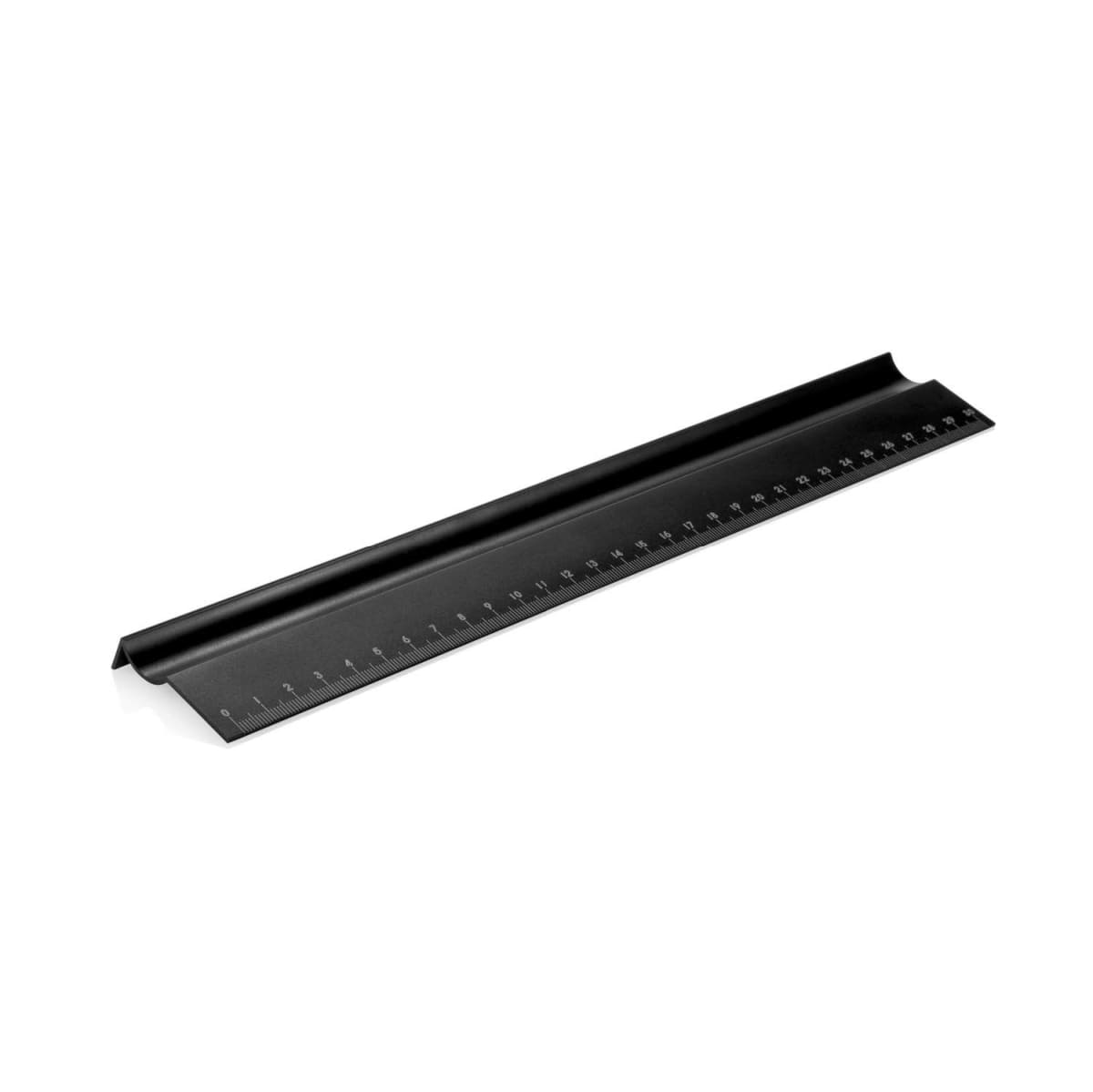 A black metal ruler with a triangular design and white measurement markings in centimeters. The ruler is positioned diagonally against a white background.