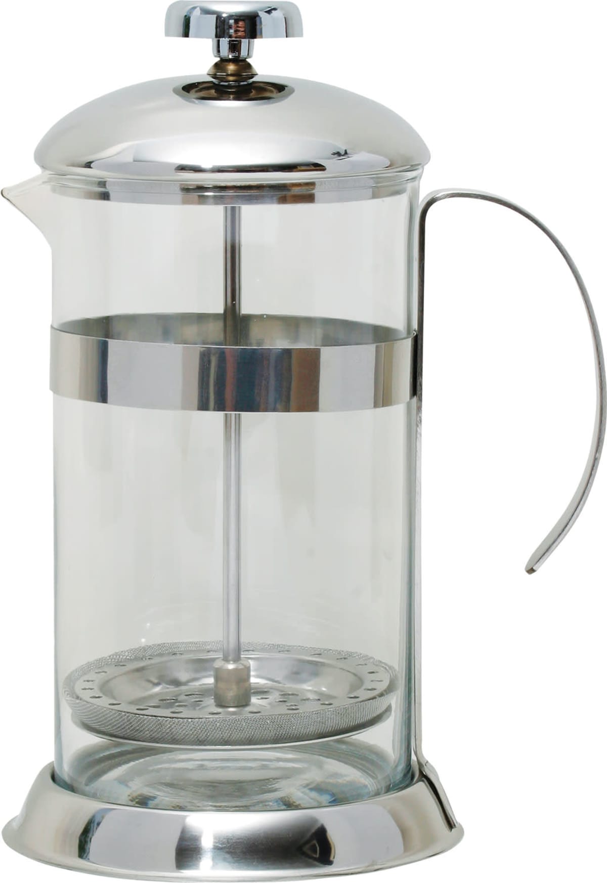 A clear glass French press coffee maker with a stainless steel frame, lid, and handle. The plunger is visible inside, and the design is sleek and modern, reflecting light on its metallic surfaces.