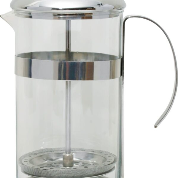 A clear glass French press with a metal lid and handle. The plunger is visible inside the cylindrical container, ready for use in making coffee or tea. The design is simple and modern with a polished metal finish.