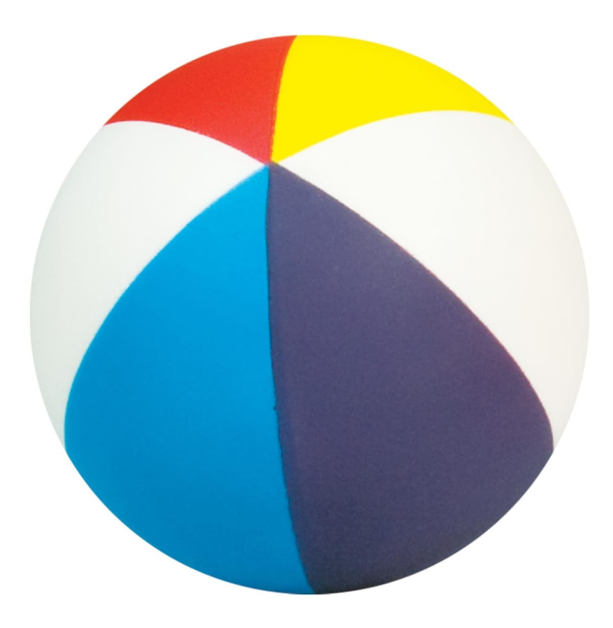 A colorful beach ball divided into six segments, featuring red, yellow, white, blue, light blue, and purple sections.