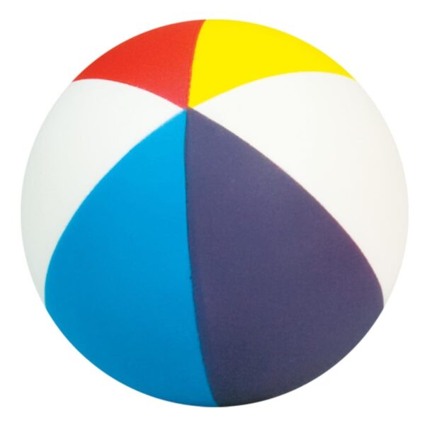 A colorful beach ball divided into six sections with red, yellow, blue, purple, and white colors. The sections are arranged in a symmetrical pattern and the ball is shown against a plain white background.