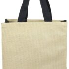 A beige jute tote bag with black fabric handles. The bag has a simple, rectangular shape and no visible logos or designs.