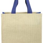 A beige canvas tote bag with blue handles against a white background. The bag appears empty and designed for carrying items.