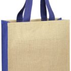 A jute tote bag with blue fabric handles and sides. The main body is a natural beige color, while the edges and handles are a contrasting dark blue. The bag is standing upright with handles extended.