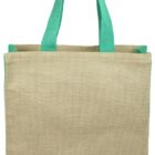 A beige jute tote bag with teal handles and side panels. The bag has a simple, minimalist design and appears to be eco-friendly, suitable for shopping or carrying personal items.