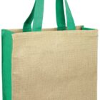 A jute tote bag with green handles and side panels. The main body of the bag is a natural burlap color, and it stands upright on a white background.