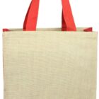 A beige tote bag with red handles and side accents, shown against a white background.