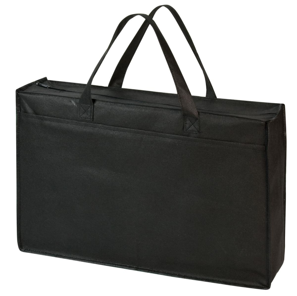 A black fabric tote bag with two handles and a rectangular shape. The bag has a zipper on the top and is shown against a white background.