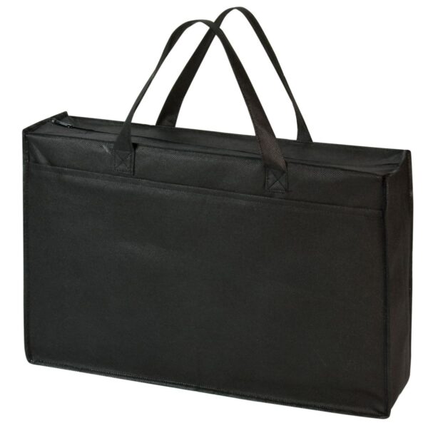 A black, rectangular carrying case with two handles and a zipper on top. The bag has a sleek, plain design and is positioned upright, showing its side and handles clearly.