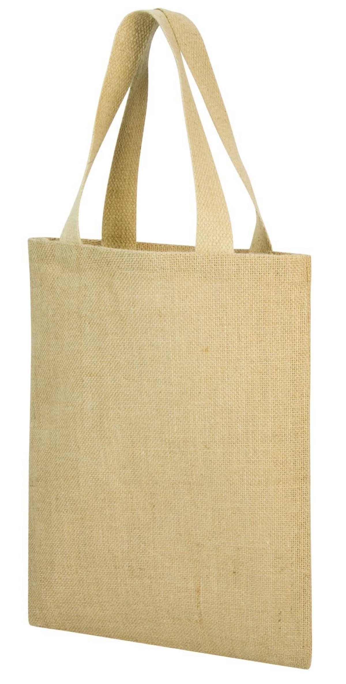 A plain beige jute tote bag with two sturdy handles, shown on a white background. The bag has a simple, natural texture and rectangular shape, suitable for carrying groceries or personal items.