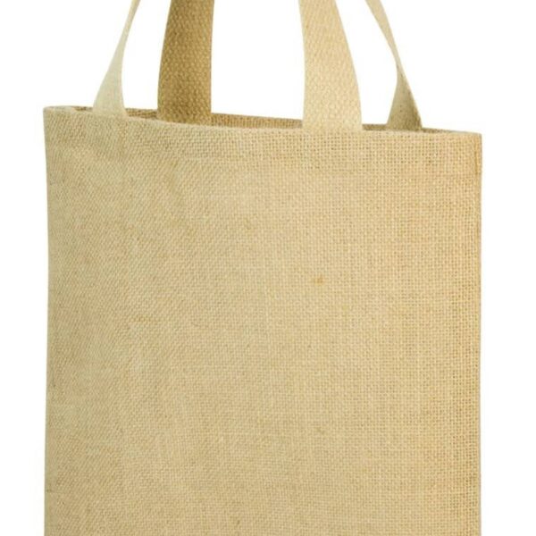 A beige jute tote bag with two handles. The bag is plain and textured, suggesting an eco-friendly design.