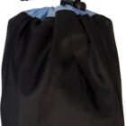 A black drawstring bag with a blue trim at the top, cinched closed with a black cord and plastic toggle. The bag appears to be made of a lightweight fabric.