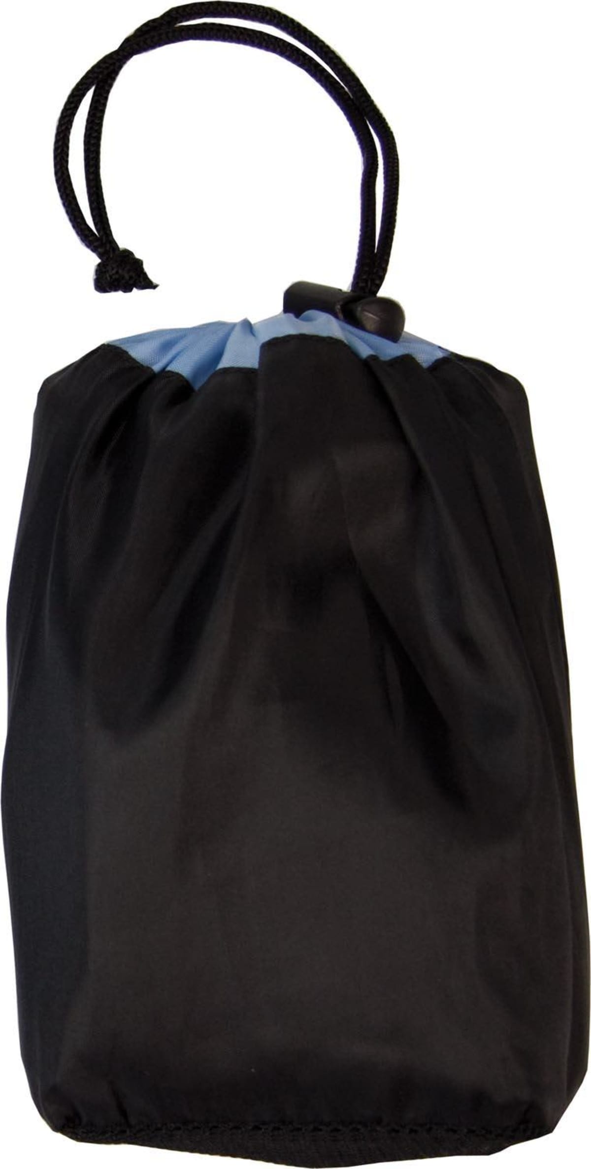 A black drawstring bag with a blue trim at the top, cinched closed with a black cord and plastic toggle. The bag appears to be made of a lightweight fabric.