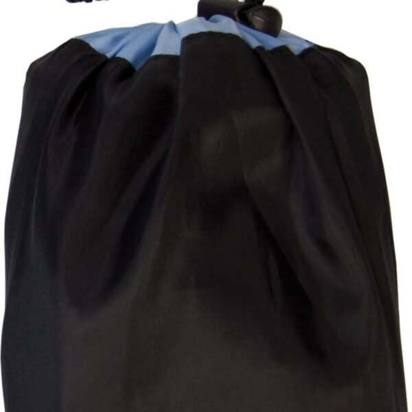 A black drawstring bag with a light blue top. The drawstrings are pulled tight, with a plastic toggle for securing the closure. The bag appears cylindrical and is made of a smooth fabric.