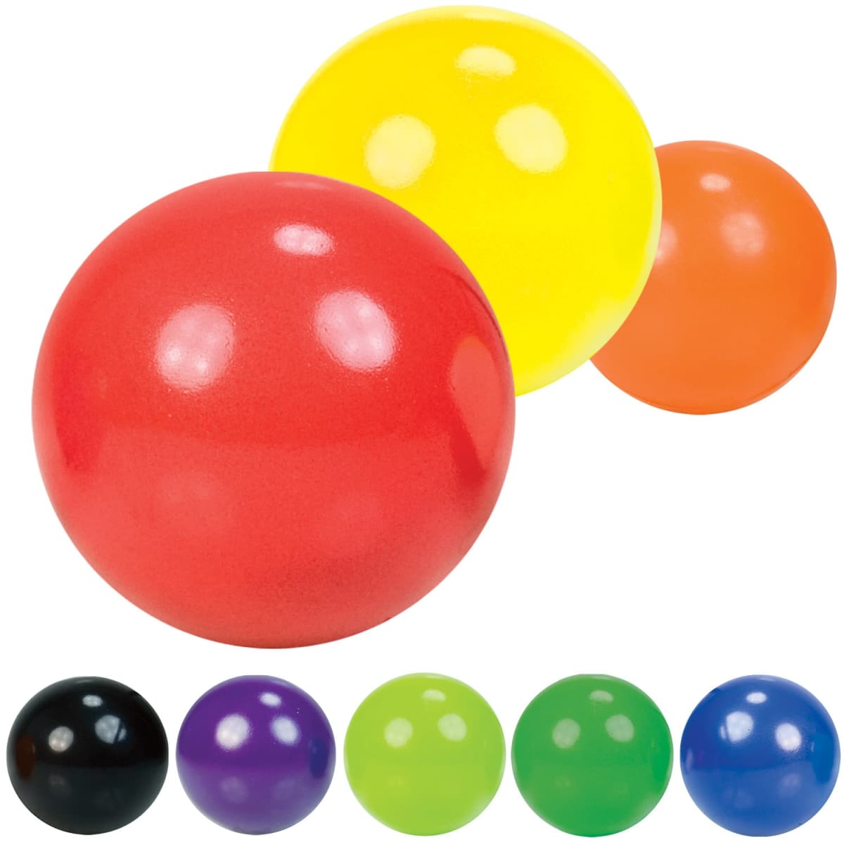 A collection of colorful rubber balls, including large red, yellow, and orange ones, with smaller black, blue, purple, green, and light blue balls displayed below. Each ball is glossy and smooth.