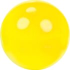 A bright yellow bouncy ball with two white reflective spots on its surface, giving it a shiny appearance. The ball is centered on a plain white background.