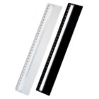 Two parallel rulers, one white and one black, each with clear middle sections and numbered markings along the sides. The rulers are positioned diagonally on a plain white background.