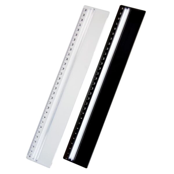 Two parallel rulers are displayed: one transparent with black measurement markings and one solid black with white markings. Both feature a straight edge and clear numerical indicators.