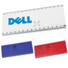 Three rectangular plastic rulers with integrated magnifying glasses. The top ruler is white with a blue logo, while the bottom two are blue and red. Each ruler has measurement markings and a magnifier lens in the center.