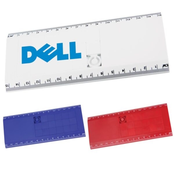 Three 12-inch rulers are shown: one white with a blue Dell logo, one blue, and one red. Each has measurement markings in inches and centimeters along the edges.