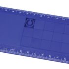 A blue stencil tool featuring a ruler on the top and bottom edges. It includes a grid of squares and a circle cutout in the upper right area. Numbers on the rulers range from 1 to 15 centimeters.