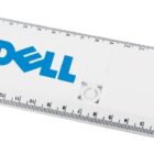 A white folding ruler with a blue Dell logo, displaying both metric and imperial measurements. The ruler appears to be partially extended and is set against a plain white background.