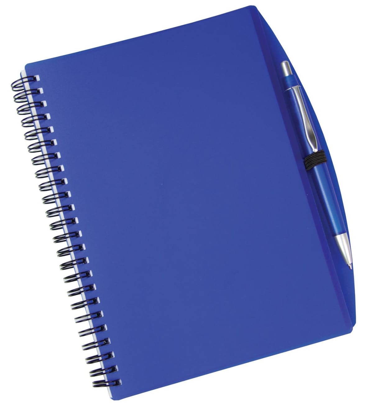 A blue spiral notebook with a blue pen attached to its cover using a black elastic band. The notebook is slightly tilted to the right, and the pen has silver accents.