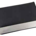 A closed black wallet with a sleek design and a silver metallic accent at the bottom.