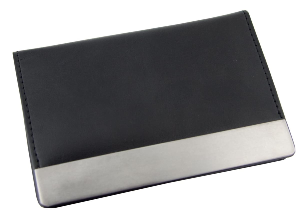 A closed black wallet with a sleek design and a silver metallic accent at the bottom.