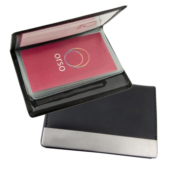 A black cardholder with a silver accent is shown in two positions. One is closed and lying flat, while the other is open, revealing a stack of cards with a red card on top featuring a circular logo and or50 text.
